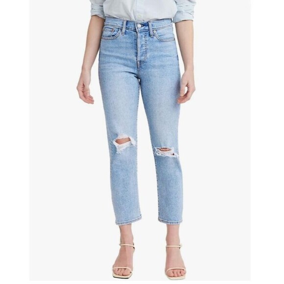 Levis Jeans Women 32 Blue High Rise Wedgie Straight Button Fly Stretch Distress - Picture 10 of 12